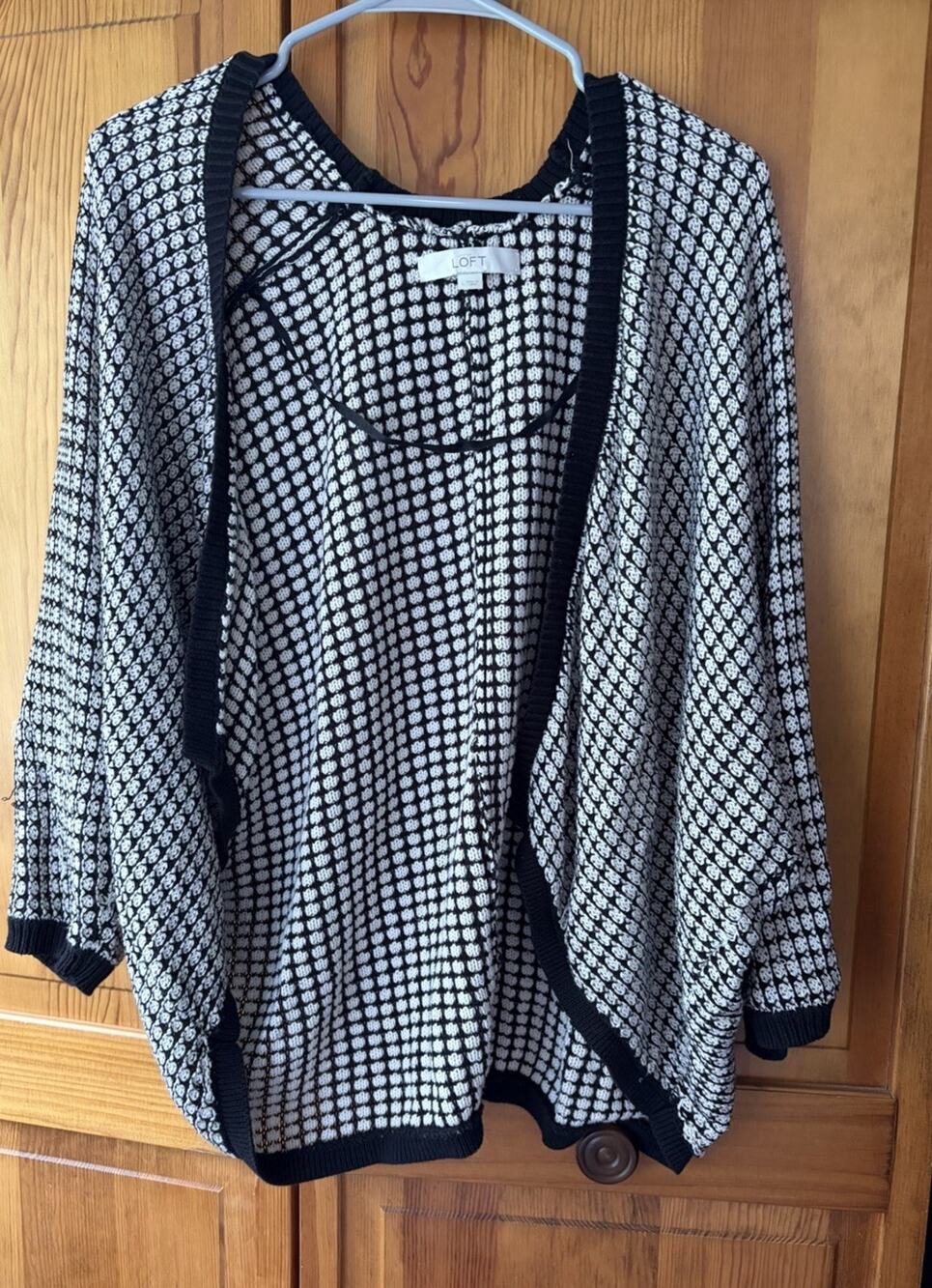 Ann Taylor Loft Womens Sz L Black White Knit Open Cardigan Bat Sleeves